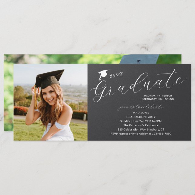 Photo Graduation Party Elegant Modern Script Invitation (Front/Back)