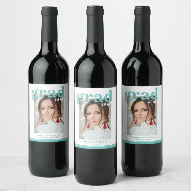 Photo Graduation Party Elegant Modern Script Wine Label (Bottles)