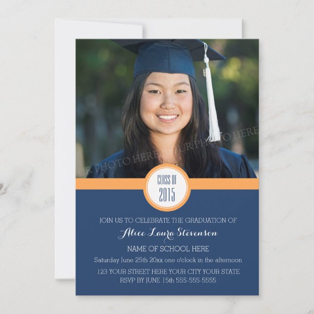 Photo Graduation Party Invitation Blue Orange (Front)
