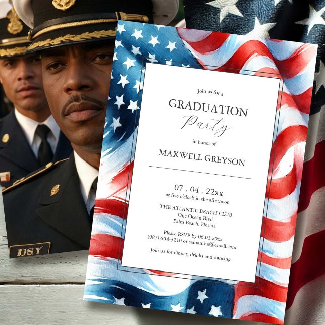 Photo Graduation Party Invitations American Flag (Photo graduation invitations watercolor American flag.)