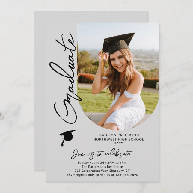 Photo Graduation Party Modern Elegant Script Invitation (Front/Back)
