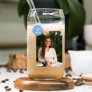 Photo Graduation Party Modern Script Blue Can Glass