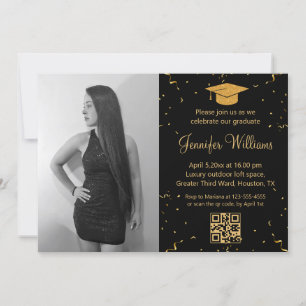 photo graduation party qr code confetti black gold invitation