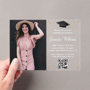 photo graduation party qr code gold confetti white acrylic invitations