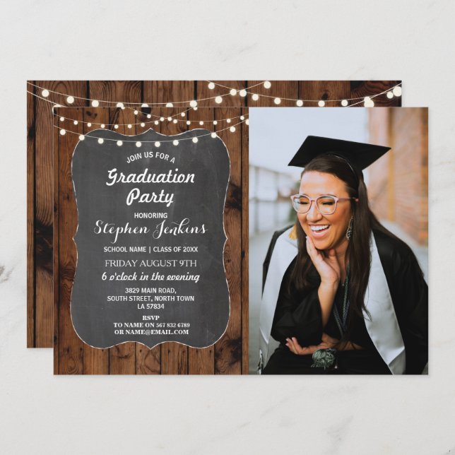 Photo Graduation Party Rustic Lights Wood Chalk Invitation (Front/Back)