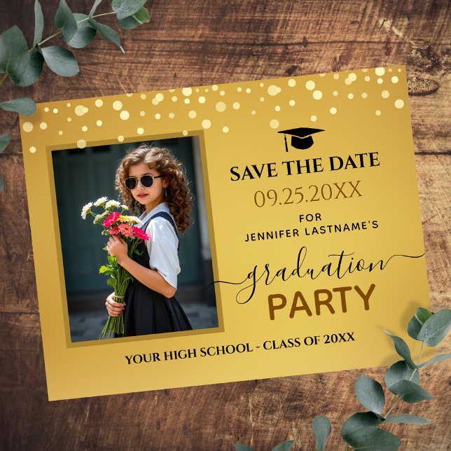 Photo Graduation Party Save the Date Gold Invitation (Creator Uploaded)