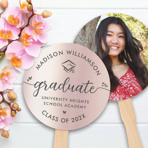 Photo Graduation Pink Rose Gold Script Hearts Cap Hand Fan