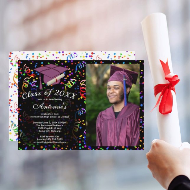 Photo Graduation Purple Grad Cap Confetti Party Invitation (Photo Graduation Purple Grad Cap Confetti Party Invitation)