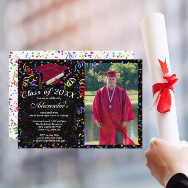 Photo Graduation Red Cap Confetti Class 20XX Party Invitation (Photo Graduation Red Cap Confetti Class 20XX Party Invitation)