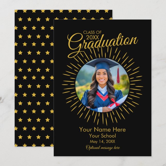 Photo Graduation Star Announcement (Black & Gold) (Front/Back)