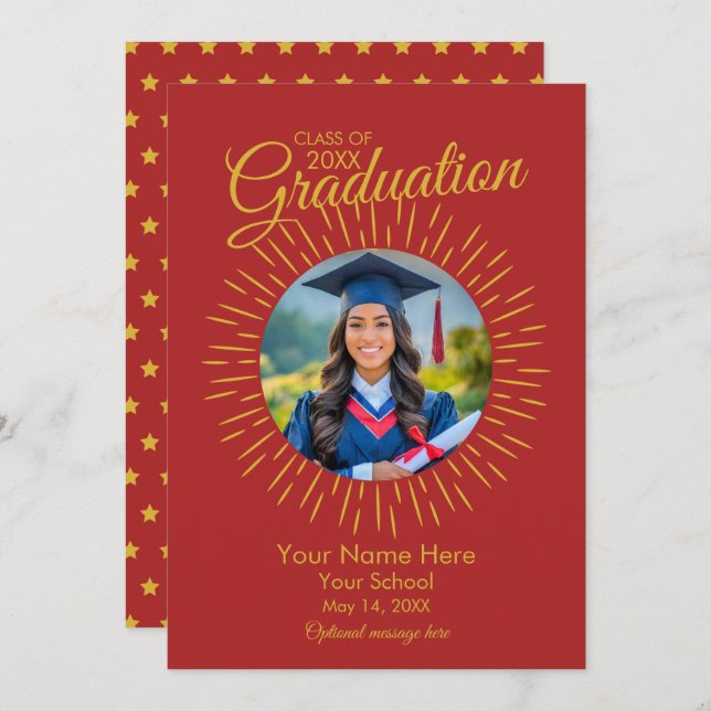Photo Graduation Star Announcement (Red & Gold) (Front/Back)