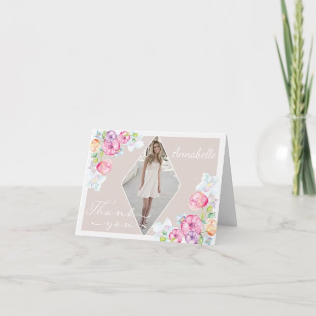 Photo Graduation Thank You with Watercolor Flowers Card (Front)