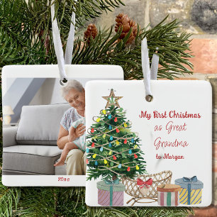 Photo Great Grandma First Christmas Tree and Crib Ceramic Ornament