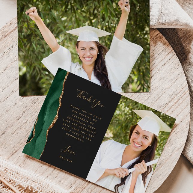 Photo Green Agate Gold Script Dark Graduation Thank You Card (Creator Uploaded)