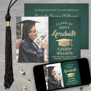 Photo Green and Gold Modern Elegant Graduation Invitation