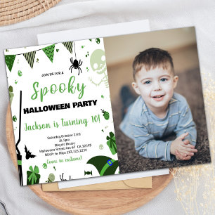 Photo Green Ballon Halloween Birthday Invitations
