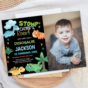 Photo Green Black Dinosaur Birthday Invitations