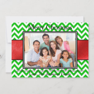 Photo Green Chevron Red Ribbon - Christmas Card
