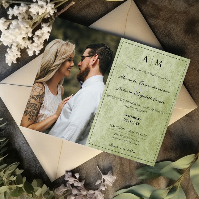 Photo Green Damask Monogram Wedding Invitation (Green Photo Damask Monogram Wedding Invitation)