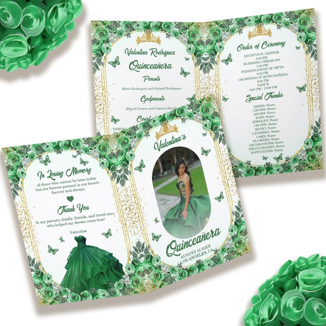 Photo Green Gold Glitter Floral Quinceanera Programme (Photo Green Gold Glitter Floral Quinceanera Program)