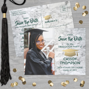 Photo Green & Gold Marble Graduation Save the Date Postcard