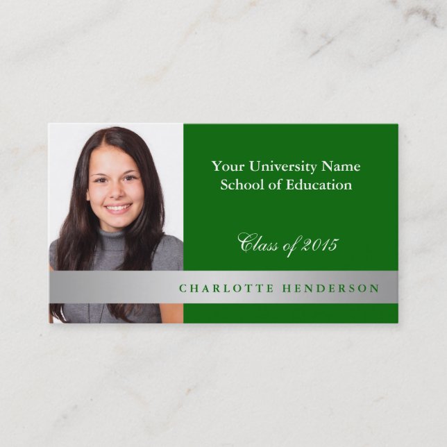 Photo green graduation formal networking student calling card (Front)