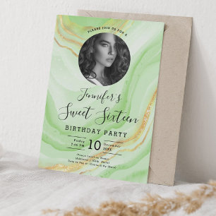 PHOTO Green Marble Glitter Sweet 16 Party Invitation