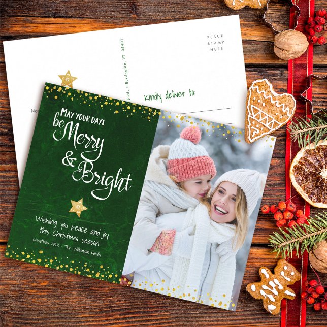 Photo Green Merry Bright Script Gold Star Glitter Holiday Postcard (Creator Uploaded)