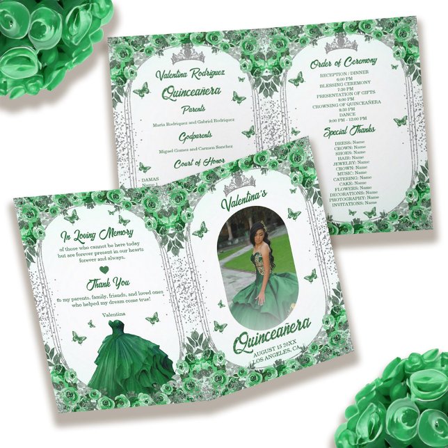 Photo Green Silver Glitter Floral Quinceanera Programme (Photo Green Silver Glitter Floral Quinceanera Program)