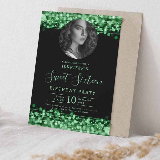 PHOTO Green Sparkles Sweet 16 Birthday Party Invitation (PHOTO Green Sparkles Sweet 16 Birthday Party Invitation)