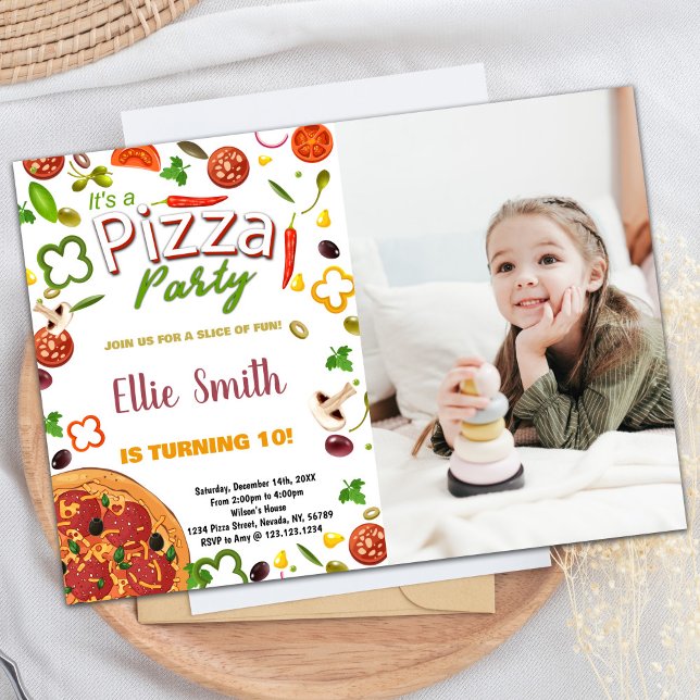 Photo Green Vegetable  Red Pizza Birthday Invitation (Photo Green Vegetable Red Pizza Birthday Invitation)