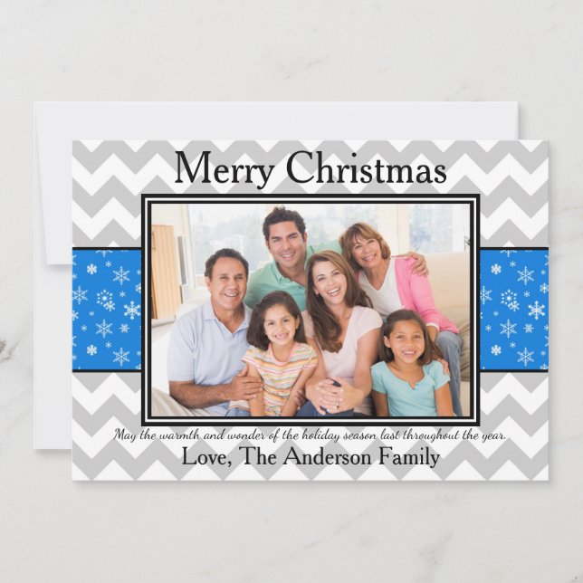 Photo Grey Chevron Blue Snow - Christmas Card (Front)