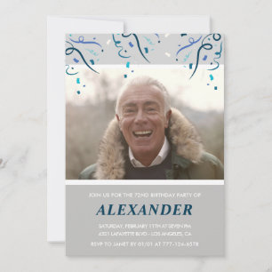 Photo Grey Confetti 72nd birthday Invitation