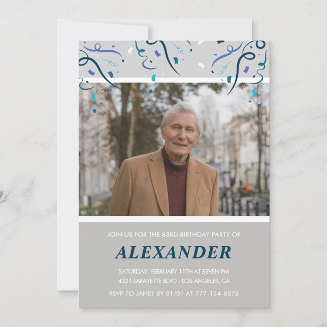 Photo Grey for him Confetti 83rd birthday Invitation (Front)