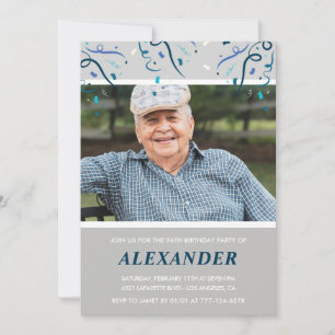 Photo Grey for him Confetti 96th birthday Invitation