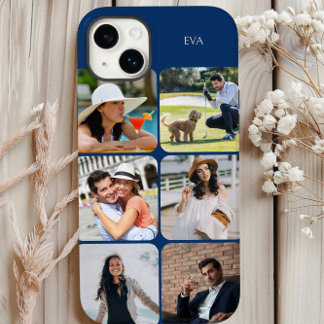 Photo Grid 6 Pictures Name or Initials Blue Case-Mate iPhone 14 Plus Case