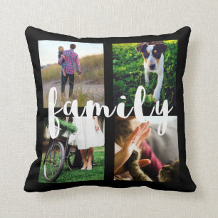 Photo Grid in Black with White Family Typography Cushion