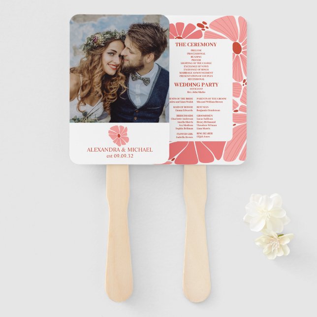 Photo Groovy modern pink daisy wedding Hand Fan (Front and Back)