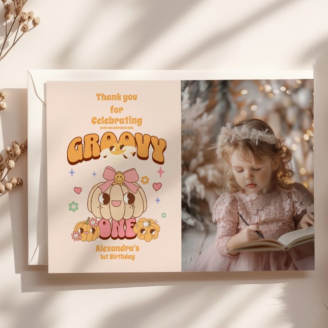 Photo Groovy One Boho Daisy 1st Birthday Party Thank You Card (Creator Uploaded)