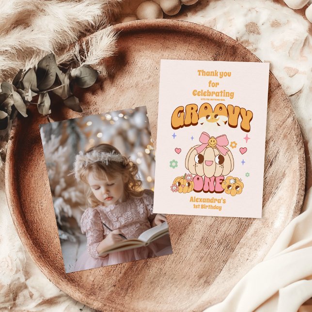 Photo Groovy One Boho Daisy 1st Birthday Party Thank You Card (Creator Uploaded)