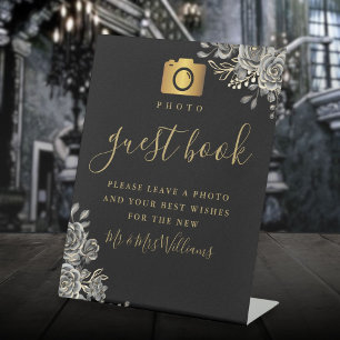 Photo Guest Book Black And Gold Gothic Roses Pedestal Sign