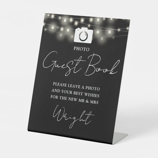 Photo Guest Book Black And White Lights Wedding Pedestal Sign (Front)