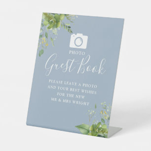 Photo Guest Book Greenery Dusty Blue Wedding Pedestal Sign
