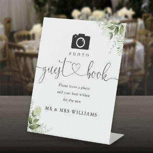 Photo Guest Book Greenery Floral Heart Script Pedestal Sign