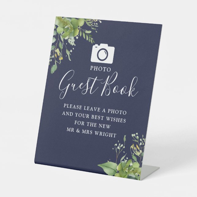 Photo Guest Book Greenery Navy Blue Wedding Pedestal Sign (Front)