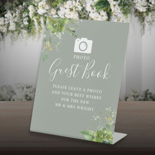 Photo Guest Book Greenery Sage Green Wedding Pedestal Sign (Photo Guest Book Greenery Sage Green Wedding Pedestal Sign)