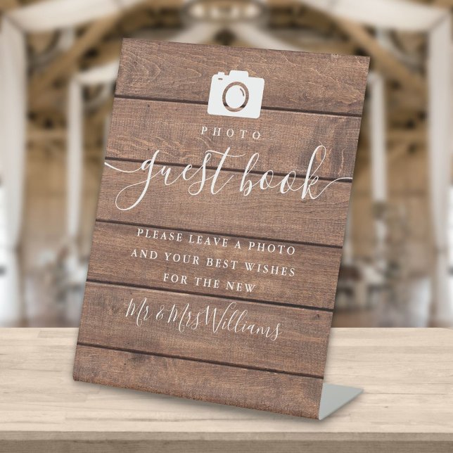 Photo Guest Book Rustic Wood Signature Script Pedestal Sign (Creator Uploaded)