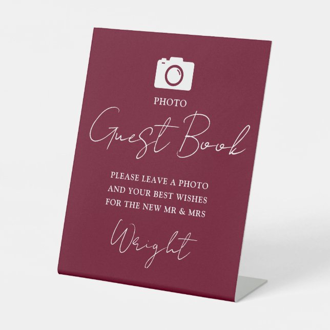 Photo Guest Book Script Burgundy Red Wedding Pedestal Sign (Front)