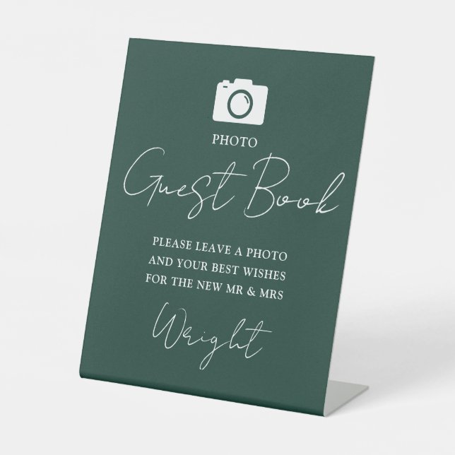 Photo Guest Book Script Emerald Green Wedding Pedestal Sign (Front)