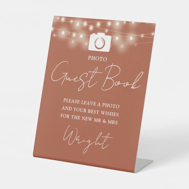 Photo Guest Book Terracotta String Lights Wedding Pedestal Sign (Front)